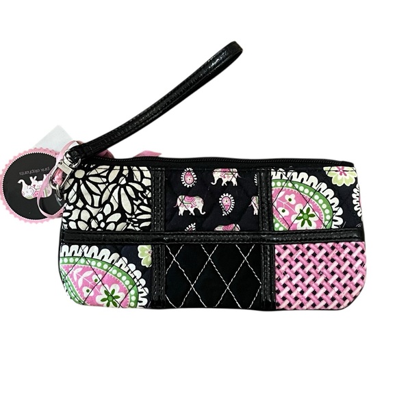 Vera Bradley Ella Wristlet Pink Elephants Black Multi Women’s Patchwork Quilted - Picture 4 of 7
